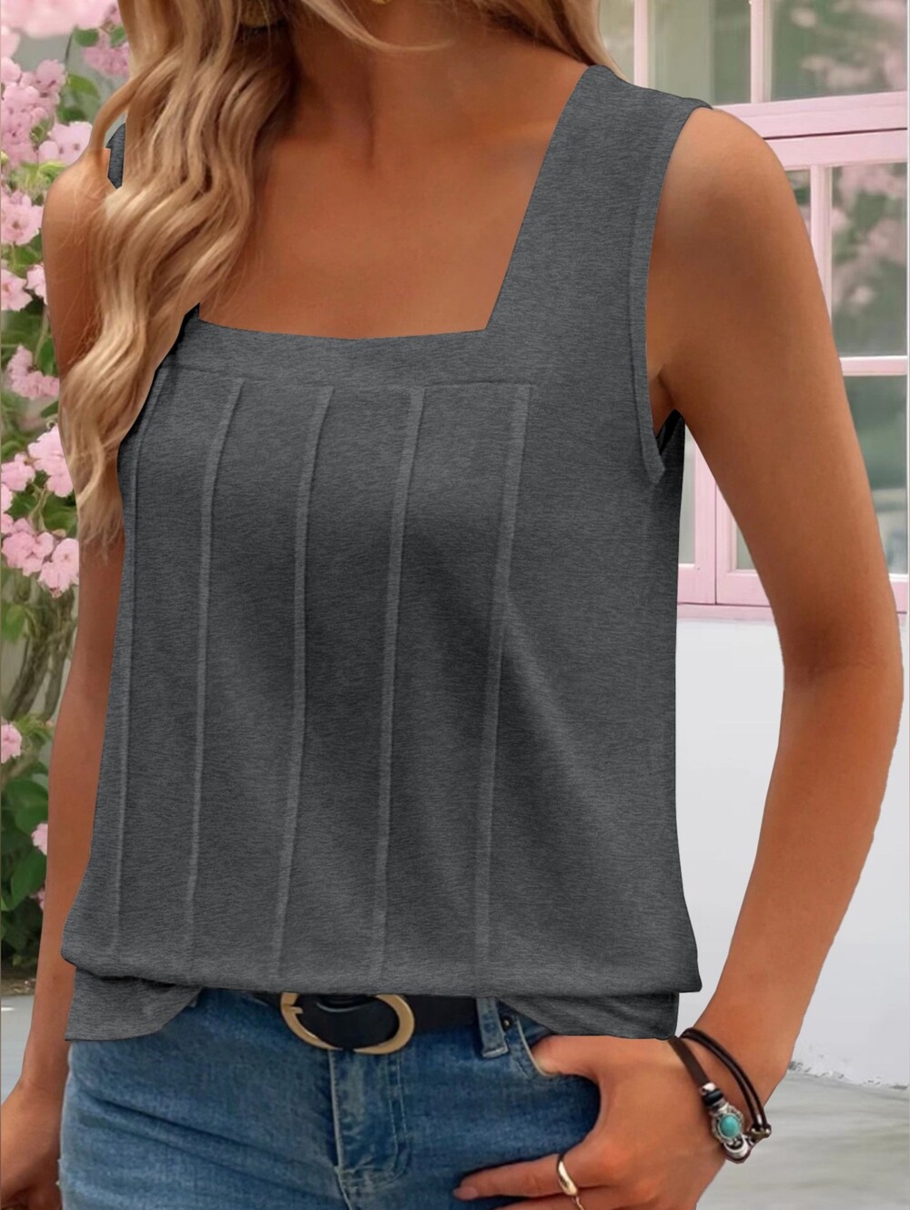 Women's Square Neck Sleeveless Tank Top in Charcoal Gray- Full & Plus Sizes